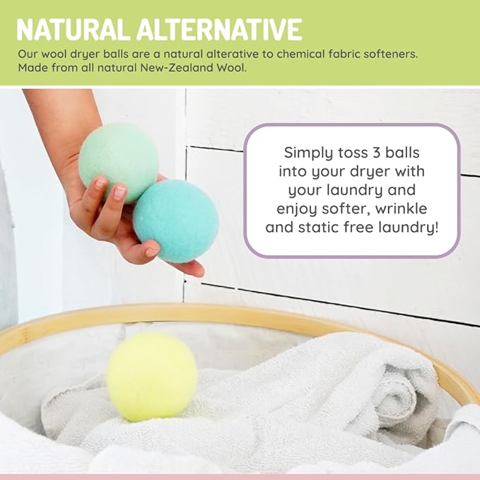 melii Reusable New Zealand Wool Dryer Balls 3-Pack - Reduces Drying Time, Static & Wrinkles - Mint, Lime, Blue