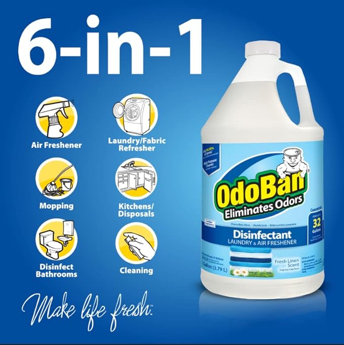OdoBan Ready-to-Use Disinfectant and Odor Eliminator, Made in the USA, Fresh Linen Scent, Set of 3, 2 Spray Bottles, 32 Ounces Each and 1 Gallon Concentrate