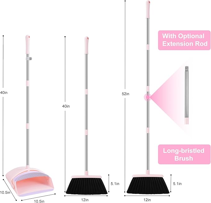 Broom with Dustpan Combo Set, 52-in Adjustable Handles Broom and Dustpan Set with Combo Teeth Easy to Scrape Off Pet Hair, Indoor&Outdoor Sweeping
