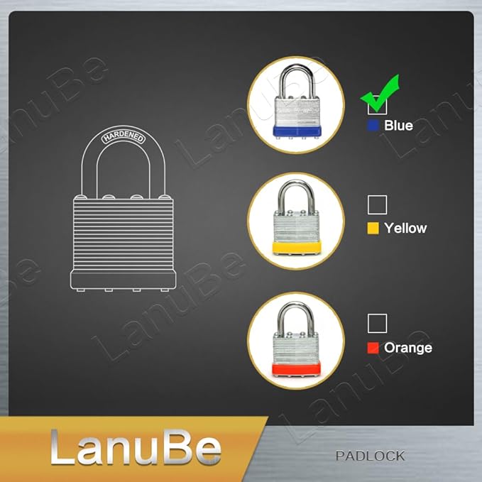 LanuBe Lock Laminated keyed Padlock (1-9/16", 40mm), keyed Alike Locks, Normal Shackle,Marked Blue Plastic Hoop, Pack of 6