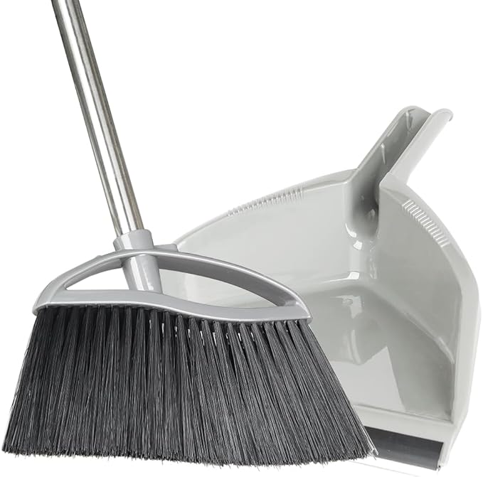 Soft Bristle Broom and Dustpan Combo Set, Long Handle Indoor Broom with Dustpan Set for Kitchen Hardwood Room Office and All Household Floor Cleaning (Gray)