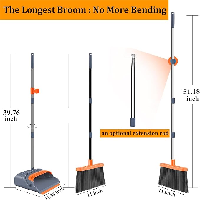 Upgrade Broom and Dustpan Set, Self-Cleaning with Dustpan Teeth, Indoor&Outdoor Sweeping, Ideal for Dog Cat