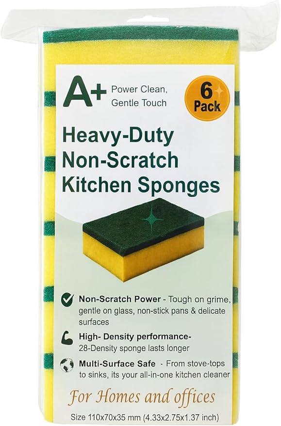 Kitchen Cleaning Sponge, Heavy Duty Non-Scratch Sponge for Non-Stick & Delicate Surfaces (When Used Gently), High Density, Dual-Side Multi-Surface Cleaning, 6 Pack (Yellow/Green)