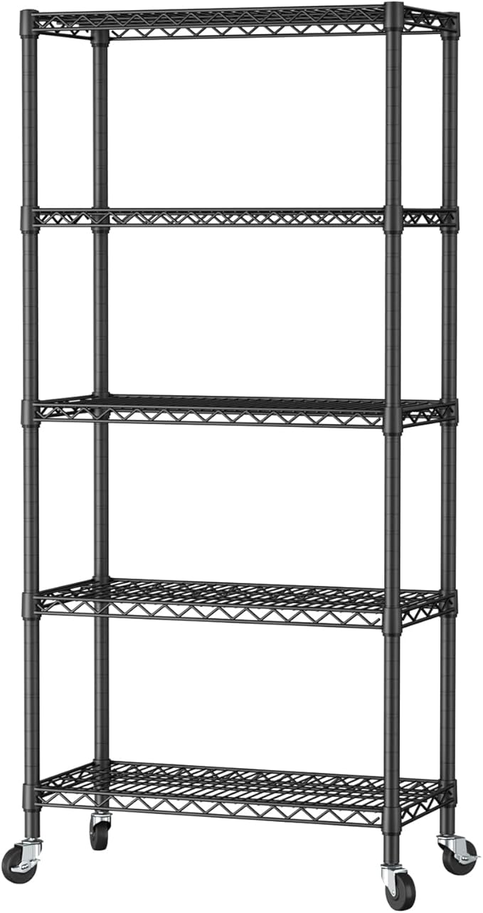 SINGAYE 5 Shelf Storage Wire Shelves Closet Bathroom Organizers Metal Pantry Kitchen Garage Shelving Unit Laundry Room Organization Home Narrow Rack Net Basket with Wheels Black