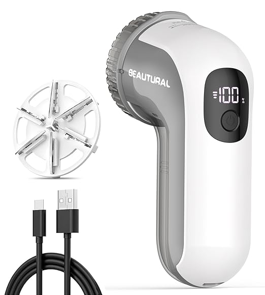 BEAUTURAL Fabric Shaver, Rechargeable Lint Remover, Electric Portable Sweater Defuzzer with 3 Speeds, 6 Leaf Blades, Digital LED Display, Remove Pilling for Clothes, Furniture, Sweater, Couch, Blanket