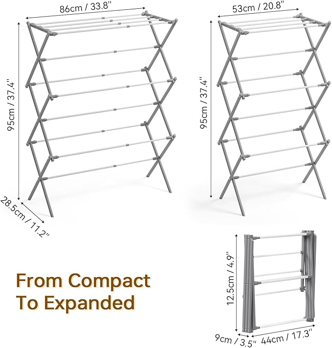 KINGBOARD Clothes Drying Rack, Collapsible Drying Rack Clothing with 11 Poles, 3-Tier Laundry Drying Rack, Small Clothes Drying Rack Foldable for Baby Clothes Sock Towel, 25lb Capacity, White & Grey