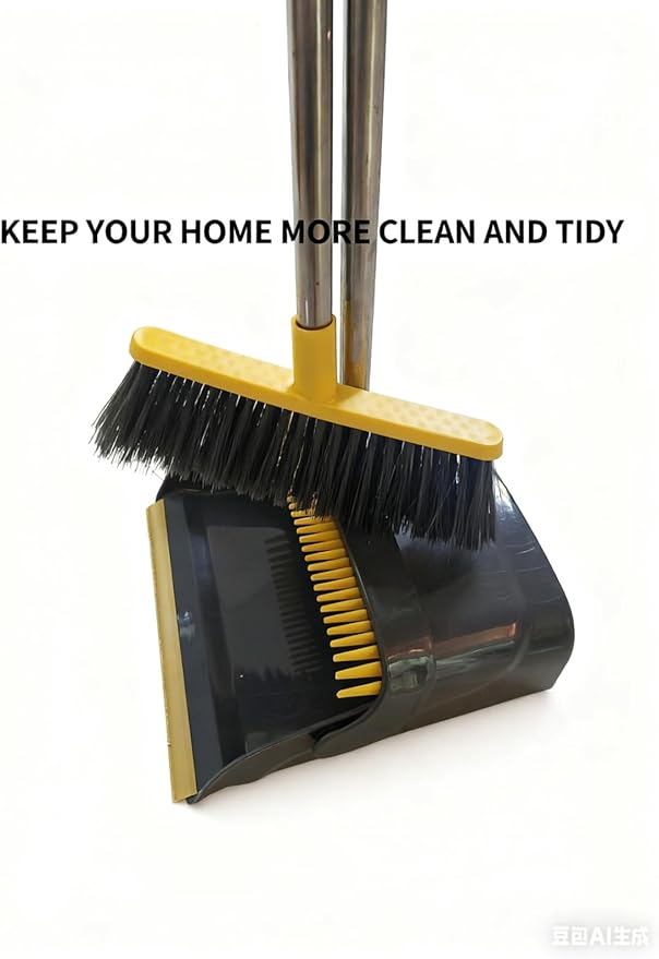 Broom and Dustpan Set with Long Handle - Upright Dustpan & 3 Rows Dense Bristles, Ideal for Home, Office, Kitchen, Lobby, Shop, All-Purpose Indoor & Outdoor Sweeping,Gray&Yellow