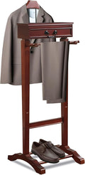Wooden Valet Stand Clothes with Contour Hanger, Trouser Bar, Shoe Shelf, Suit Rack with Drawer&Tray, Garment Organizer Rack Storage for Keys, Watches, Wallet, Jewelry, Accessory Organizer