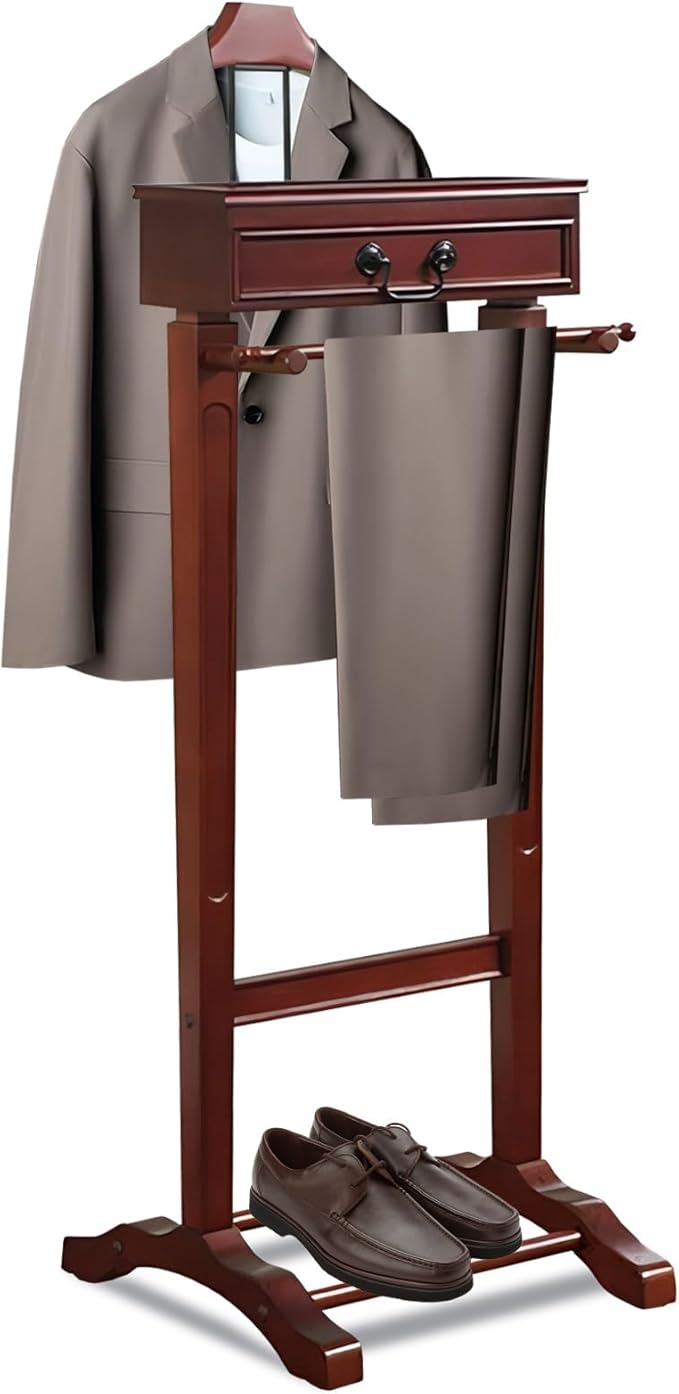 Wooden Valet Stand Clothes with Contour Hanger, Trouser Bar, Shoe Shelf, Suit Rack with Drawer&Tray, Garment Organizer Rack Storage for Keys, Watches, Wallet, Jewelry, Accessory Organizer