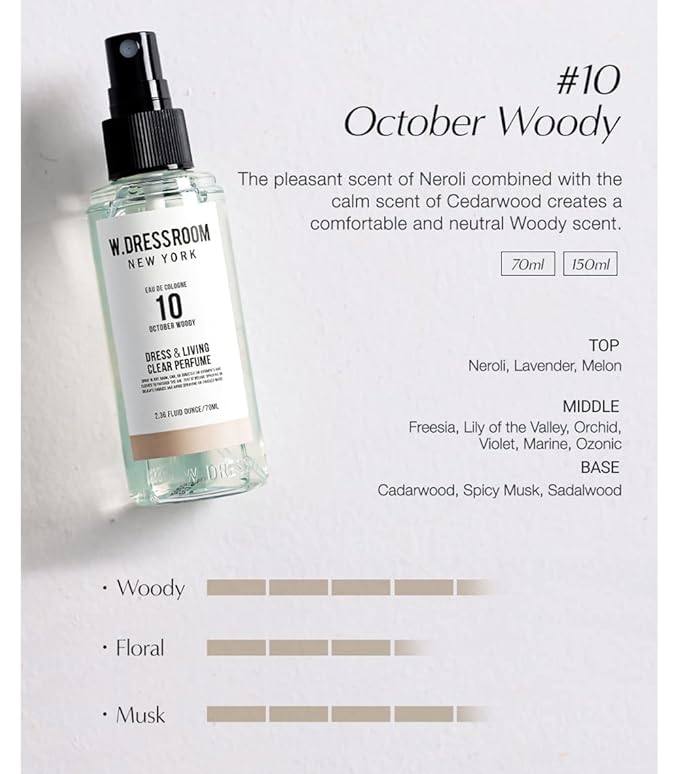 W.Dressroom No.10 October Woody Living Clear Perfume, Body Mist, Long-Lasting Unisex, Alcohol-Free Water-Based, Spray on Skin, Clothes, Bedding & Car, Travel Size 5.28 oz