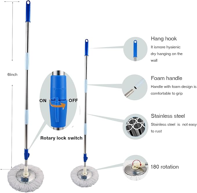 Spin Mop and Bucket with Wringer Set, 360° Spinning Mop Bucket System with 3 Microfiber Mop Replacement Heads and 61" Stainless Steel Adjustable Handle for Floor Cleaning (20QT)