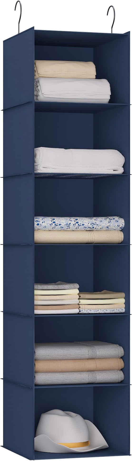 Hanging Closet Organizer and Storage 6-Shelf, Easy Mount Foldable Hanging Closet Wardrobe Shelves, Clothes Handbag Shoes Accessories Storage, Washable Oxford Cloth Fabric, Navy Blue