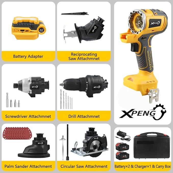 Cordless Power Tool Combo Kit 18V 6-Tool Set Circular Saw, Palm Sander, Drill, Impact Driver, Reciprocating Saw, Battery Adapter with 2×4.0Ah Batteries and Fast Charger Cordless Power Tool Set