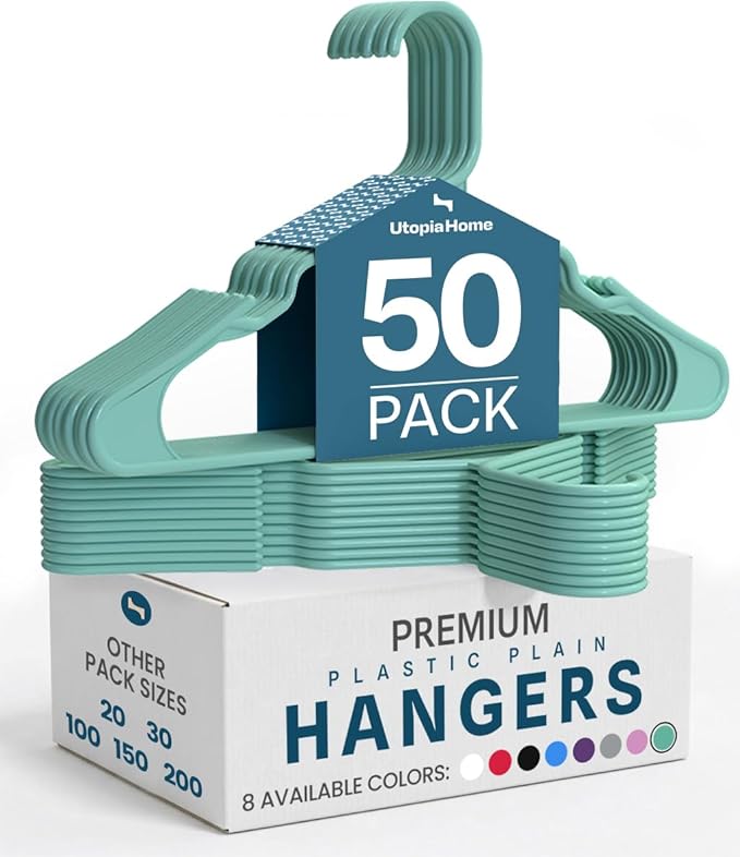 Utopia Home Plastic Hangers 50 Pack, Space Saving Plastic Clothes Hangers for Adults with Built-in Strap Hooks, Essential for Shirts, Pants, Skirts & Coats (Aqua)