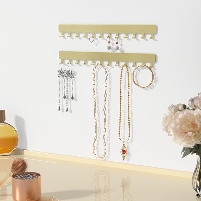Necklace Holder - Hanging Jewelry Organizer, Self-Adhesive, Wall Mount, 2 PCS, Gold