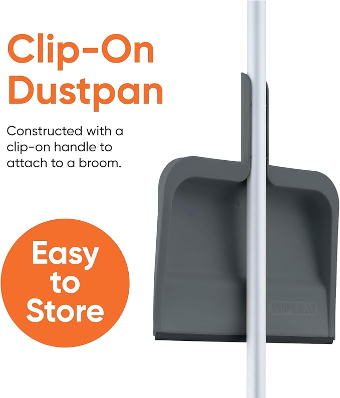 Superio Clip-On Dustpan with Rubber Lip - 10-inch Wide Durable Plastic Dust Pan with Comfort Grip Handle, 2-Pack (Grey)