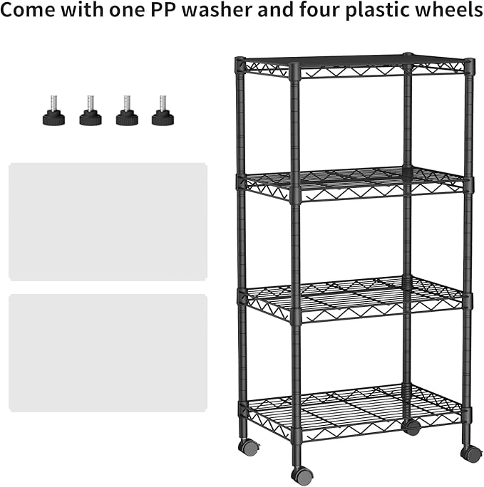 Golpart Small 4 Tier Shelves Storage Wire Shelving Unit Metal Shelf Adjustable Organizers Storage Shelving with Wheels for Bathroom Laundry Room Kitchen Pantry12”D x 18”W x 44.8”H Black