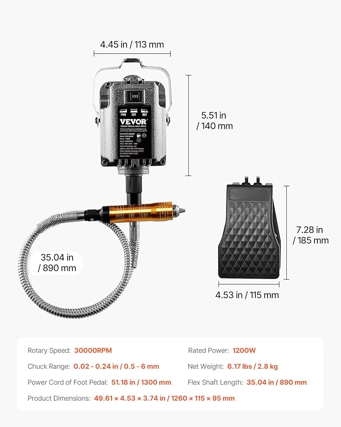 VEVOR Flex Shaft Grinder, 1200W 30,000RPM Electric Flex Shaft Rotary Tool Carver, Multi-functional Hanging Grinding Machine with 31PCS Accessories & Foot Pedal for Carving Buffing Drilling Polishing