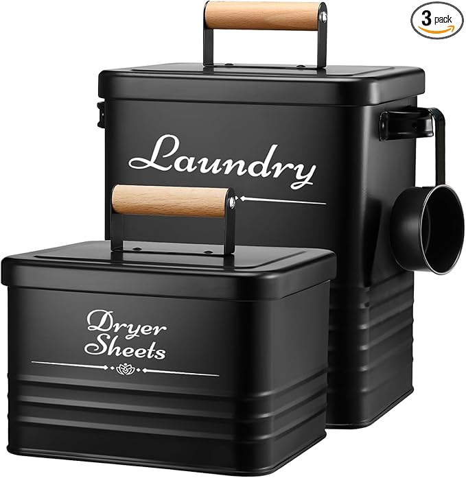 Farmhouse Metal Detergent Pod Container with Dryer Sheet Holder for Laundry Room Organization and Storage - Holds Over 200 Pods and 300 Sheets