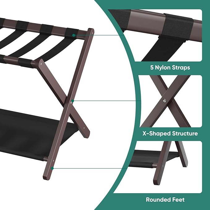 Smuxee Brown Bamboo Luggage Rack Pack of 2, Foldable Suitcase Stand with Storage Shelf, Easily Assembled Luggage Stand with 5 Nylon Straps for Guest Room Bedroom Hotel