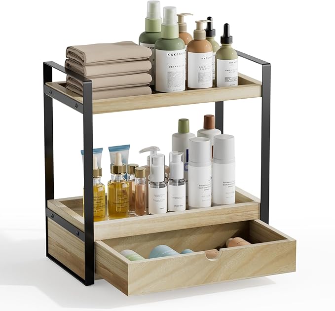 Boulphia 2-Tier Bathroom Organizer Countertop with Drawer, Wood Bathroom Counter Shelf for Storage, Vanity Organizer Countertop for Kitchen, Office