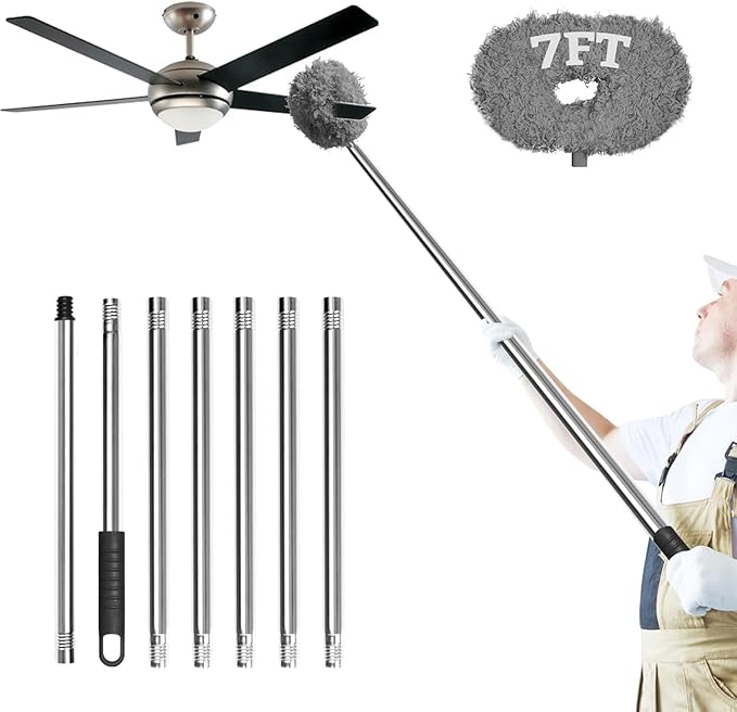 Eunice 7FT Ceiling Fan Duster with Extension Pole, Adjustable and Removable Fan Cleaner Blade for High Ceiling, Window Door Furniture (Grey)