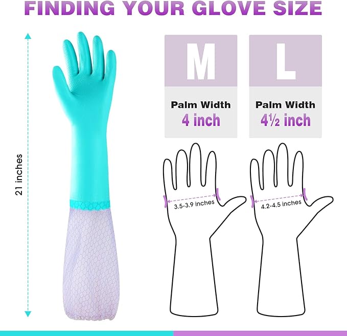 Elgood Reusable Long Sleeve Dishwashing Cleaning Gloves with Latex Free,Cotton Lining,Kitchen Gloves 2 Pairs,Purple+Blue M
