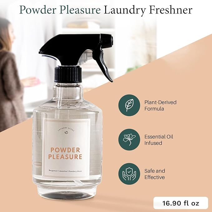 Chakra Freshener Fabric Spray - Long-Lasting Multi-Purpose Laundry Scent for Bedding, Clothes & Home Fabric Deodorizer, Luxury Room Deodorizer, Linen Spray w/Trigger, 16.9 fl oz, Powder Pleasure