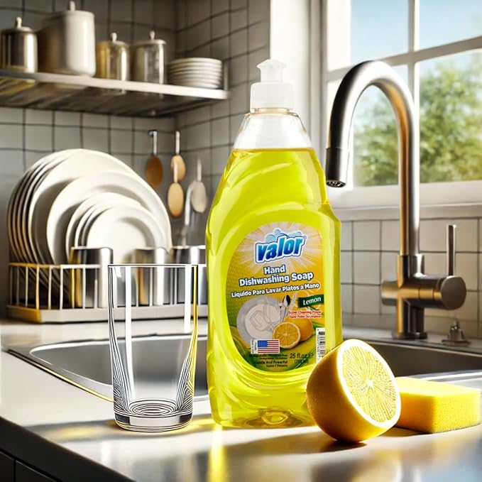 Valor Dishwashing Liquid, 25 fl oz – Dish Soap for Kitchen & Bathroom, Grease-Fighting, Gentle on Hands, Fast Rinse, Eco-Friendly Biodegradable Formula (25 fl oz (Pack of 1), Lemon)