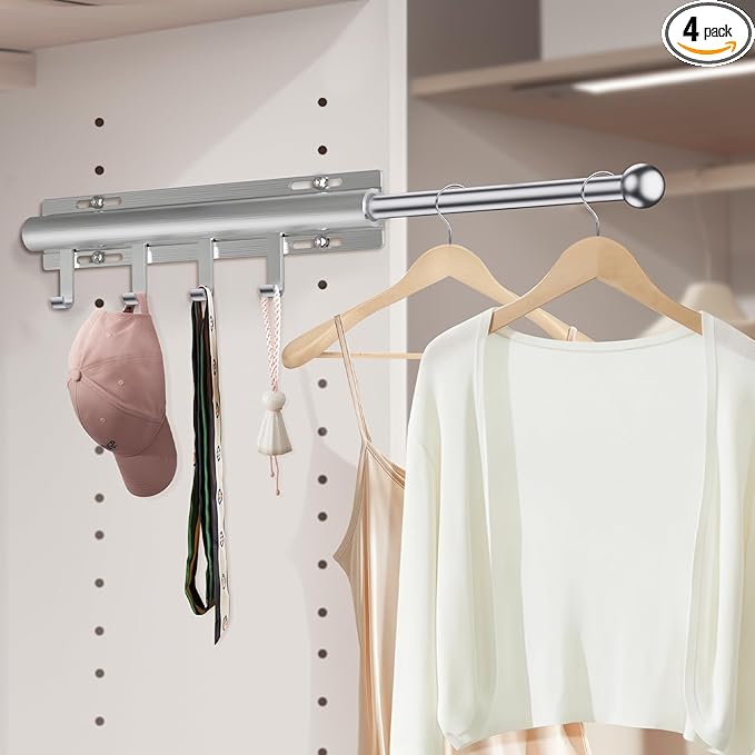 Supforce Valet Rod for Closets, 12" Valet Rod With 4 Hooks, Closet Organizer Slide Out Clothing Hanger Rods Extender Perfect for Suits,Dresses,Belt,Tie, Polished Chrome