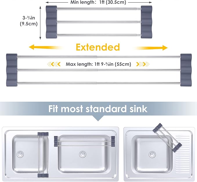 Tomorotec Adjustable Over-The-Sink Kitchen Rack for Dishcloths, Sponges, Bottles and Brushes - Heat-Resistant Stainless Steel with Slim, Expandable Design and Multifunctional Silicone Holder