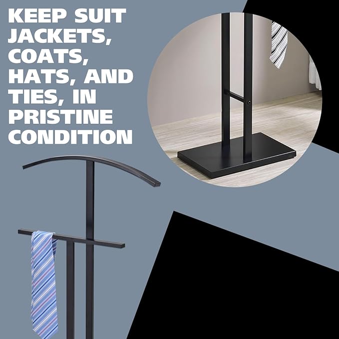 Kings Brand Furniture Dossi Modern Metal Suit Valet Stand, Clothes Rack Organizer with Jacket, Pants & Tie Holder, Space-Saving Garment Rack for Bedroom or Closet (Black)