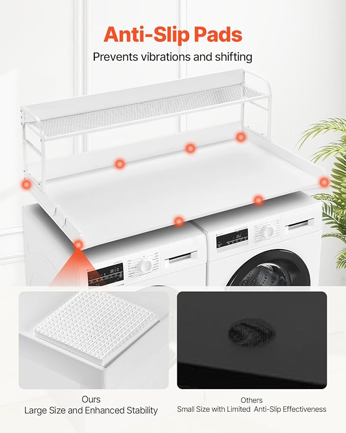 VEVOR Washer Dryer Countertop with 2-Tier Shelf, 54" x 27" Wooden Washer and Dryer Countertop with Anti-Slip Pads, Water-Resistant Laundry Topper Cover for Laundry Room Organization and Storage, White