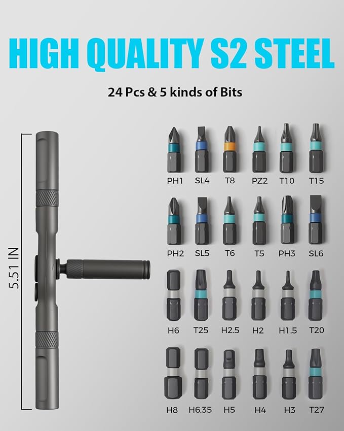 VMAN Ratchet Screwdriver Set, 24 in 1 magnetic Screwdriver sets, S2 Steel Bits, DIY Combination Flexible Shaft, Suitable for Furniture Assembly, Precision Electrical Appliance Repair, Bicycle Tools