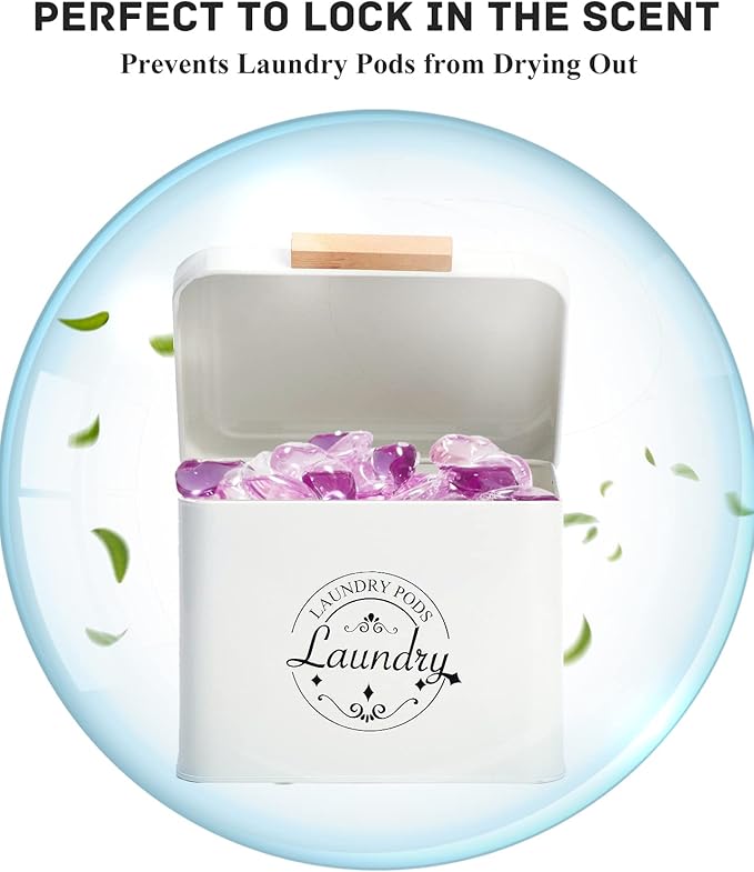 SACREDAY Laundry Pods Holder with Hinged Lid, Farmhouse Space-Saving Metal Container for Laundry Room Decor Organization and Storage, Detergent Dispenser for Efficient Laundry Room Use(Cream)