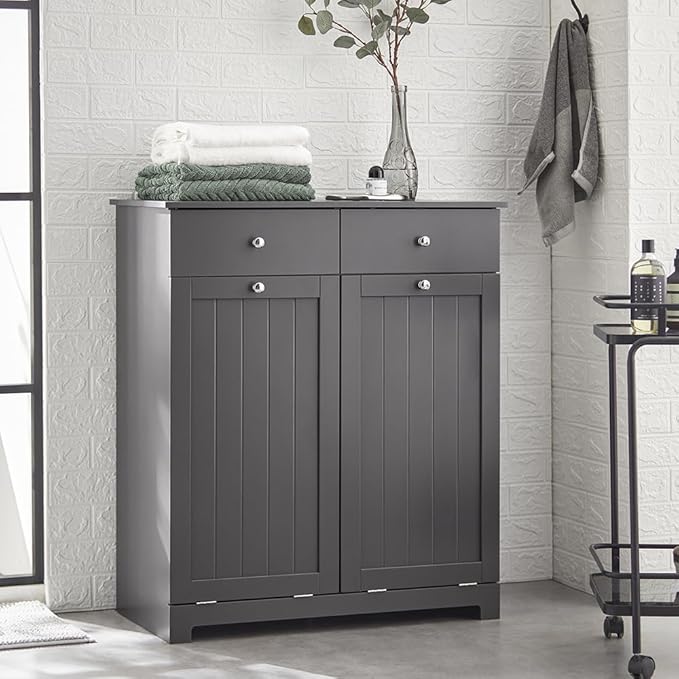 Haotian Tilt-Out Bathroom Laundry Cabinet Hidden Hamper Organizer with Double Baskets and Drawers Storing Unit Storage, Grey BZR33-DG