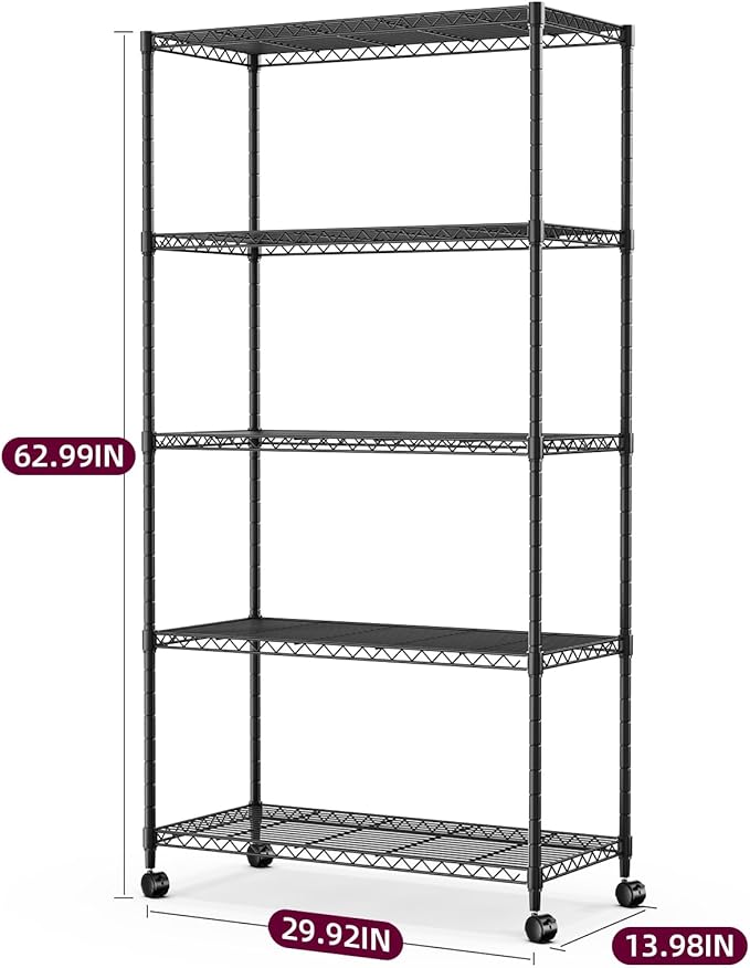 Simple Deluxe 5-Tier Heavy Duty Storage Shelving Unit, 1250 Lbs Loading Capacity, 29.92" W x 13.98" D x 61.02" H, Black
