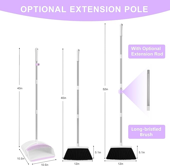 Broom with Dustpan Combo Set for Home 54-in Long Adjustable Handle Angle Broom and Dustpan Set with Dustpan Comb Teeth for Sweeping Pet Hair Food Dirt Kitchen