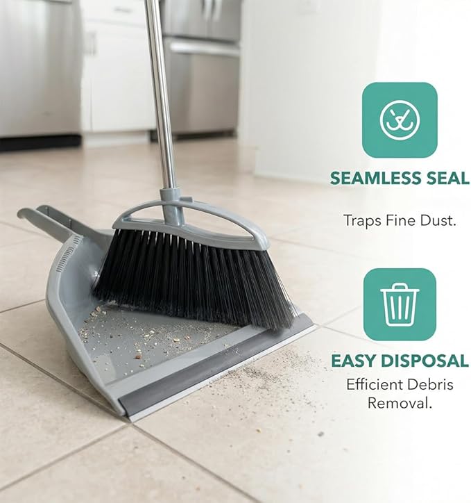 Soft Bristle Broom and Dustpan Combo Set, Long Handle Indoor Broom with Dustpan Set for Kitchen Hardwood Room Office and All Household Floor Cleaning (Gray)