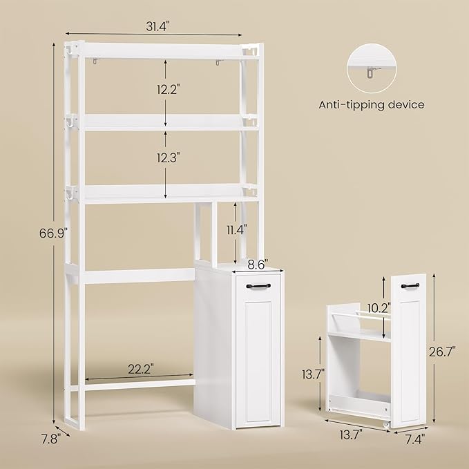 UPOSOJA Over The Toilet Storage Cabinet with Pulley, Bathroom Organizer W/6 Hooks for Restroom, Laundry, Plant Stand (White)