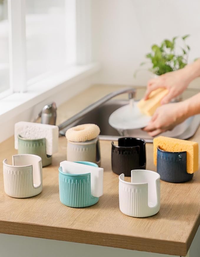 Ceramic Sponge Holder for Kitchen Sink, Scrub Sponge Dish Rack, Farmhouse Compact Sink Caddy Organizer, Glazed White