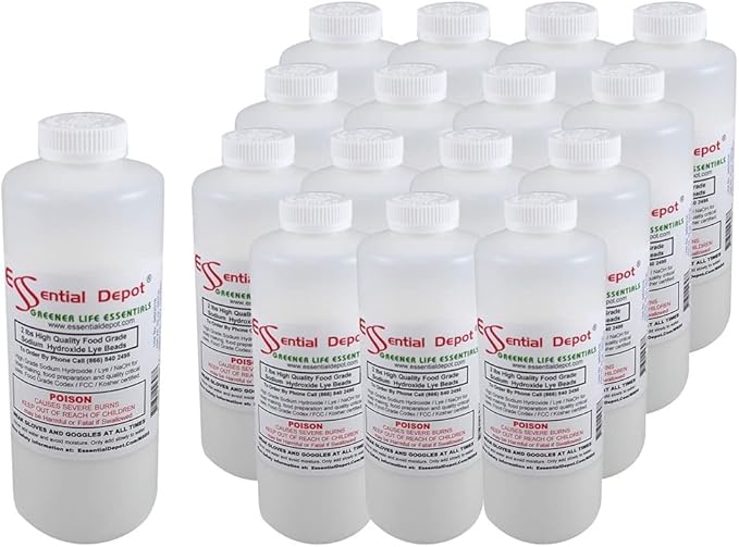 Essential Depot 32 lbs Food Grade Sodium Hydroxide Lye Evenly-Sized Micro Pels (Beads or Particles) - 16 x 2lb Bottles - Lye Drain Cleaner - HDPE Container with Resealable Child Resistant Cap