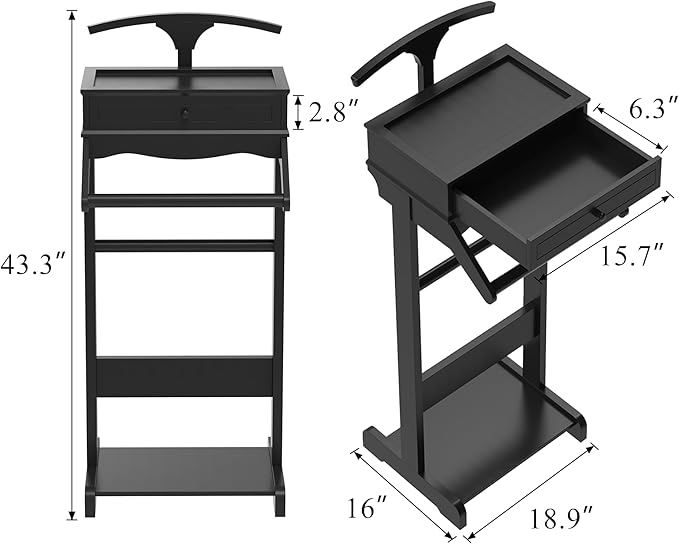 Men's Valet Stand with Tray, Black Wood Clothes Stand, Freestanding Garment Rack Organizer for Enterway, Office, Bedroom