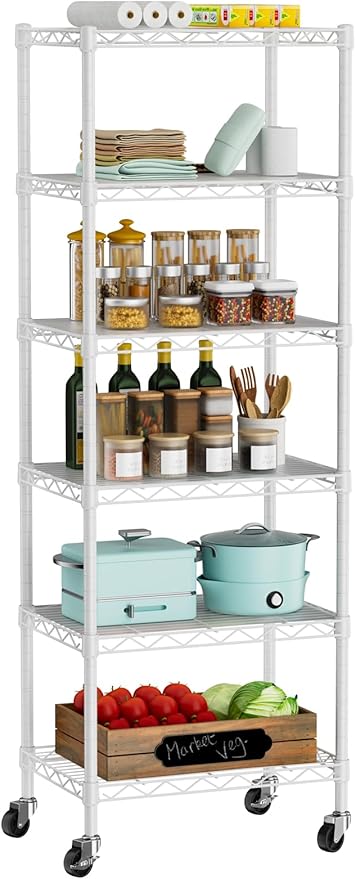 Golpart Small 6 Tier Shelf Storage Wire Shelving Unit Metal Shelves Adjustable Organizers Storage Shelving with Wheels for Bathroom Laundry Room Kitchen Pantry12”D x 18”W x 61.6”H White