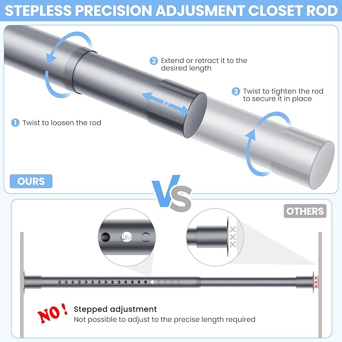 Closet Rods for Hanging Clothes, 17 to 69 Inches No-Cut Stepless Adjustable Closet Rod, 1.3 Inches Expandable Metal Heavy Duty Closet Hanging Rod for Closet Wardrobe Bathroom Laundry RV, Silver