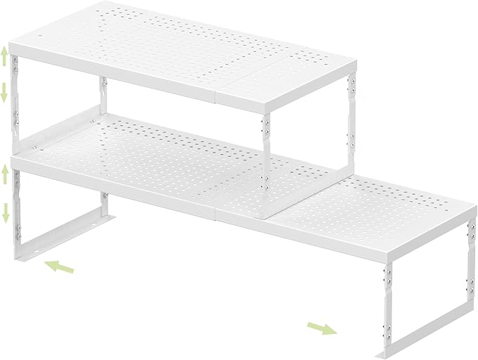 Jojocross Adjustable Stackable Metal Storage Shelf Organizer - Expandable Wire Rack with Perforations for Kitchen, Pantry, Bathroom, Cabinet & Office-Compact, Durable & Sturdy (2PACKS/Medium/White)