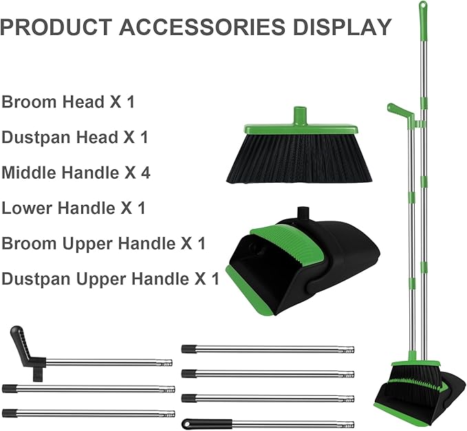 Green Broom with Dustpan Combo Set, 51" Long Handle Household Cleaning Tool, Ideal Broom and Dustpan Set for Pet Hair and Home Use