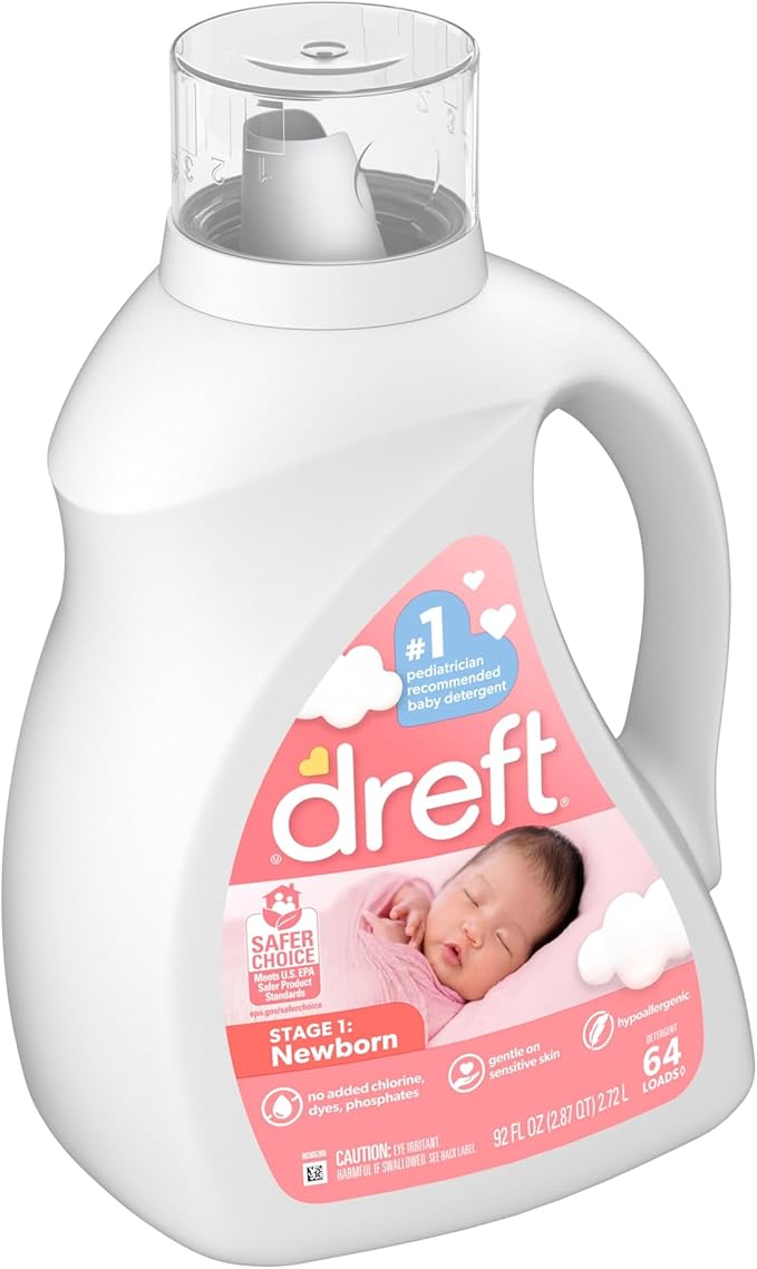 Dreft Stage 1 Newborn Baby Liquid Laundry Detergent, Gentle on Sensitive Skin, HE Compatible, 64 loads