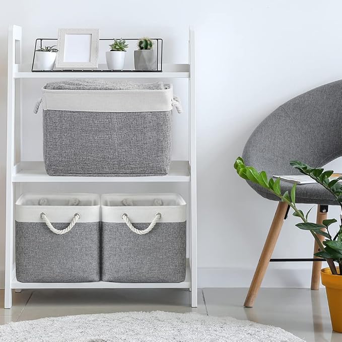 TheWarmHome Organization and Storage Basket for Organizing - 3 Pack 16x12x12 inch Cube Storage Bin Fabric Storage Cubes for Organizer Cloth Gift Toy Closet (White & Grey)
