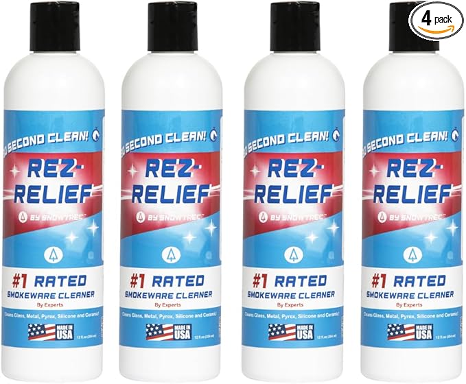 SNOWTREE - 4 Pack Rez Relief Glass Cleaner Solution for Glass, Ceramic, Metal & Silicone - 12 Fluid Oz Bottle (4 Pack) - Refreshing Citrus Scent Glass Cleaner Liquid - Removes Stains & Smells